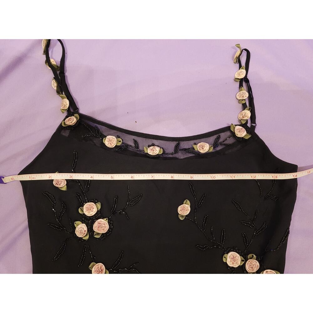 VTG Sue Wong 100% Silk Beaded Dress Black Floral Rosette Y2K Fairy Asymmetrical - Picture 2 of 8